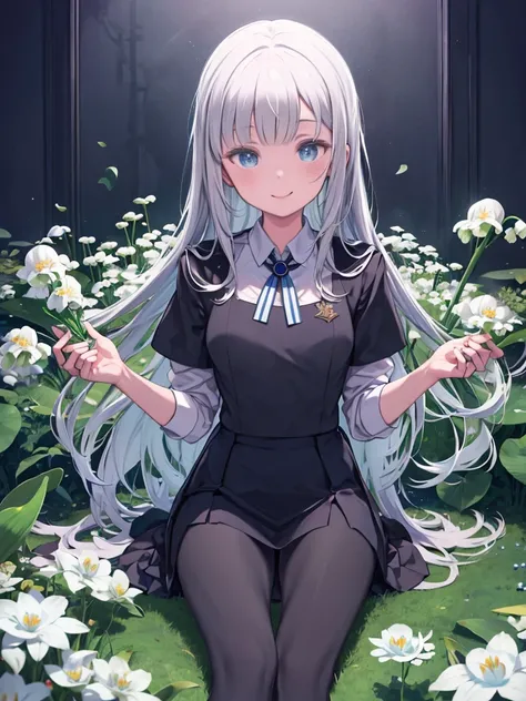 masterpiece, highest quality, Marianne_School, uniform, Black Skirt, garreg mach monastery uniform, Blue Pantyhose, Upper Body, View Viewer, smile, holding white lily of the valley flowers