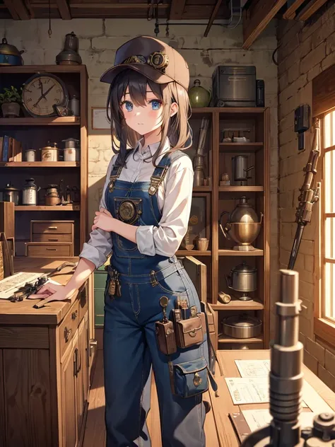 steampunk。highest quality。masterpiece。Detailed explanation。One Girl。Engineer Girl。Engineer Hat。Overalls。A room in the workshop。Standing next to the mysterious machine tool。One hand resting on a desk cluttered with measuring equipment and drawings。who shoul...