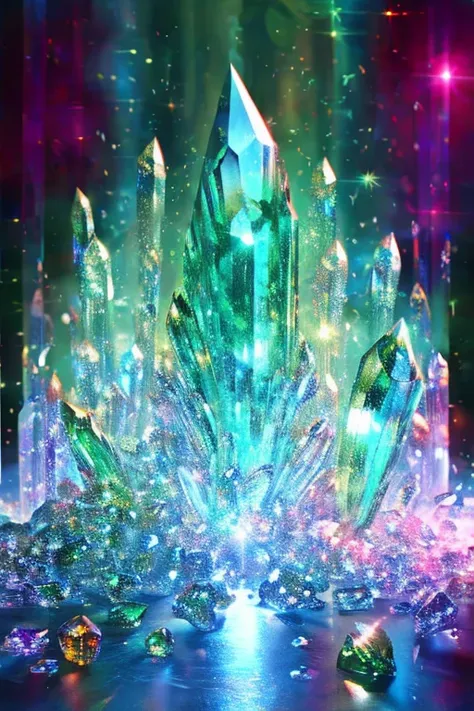 masterpiece, emerald, scattered crystals, very flashy, crystal clear, emits colorful light, split lighting, creative background ...