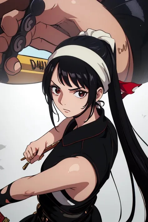 (best quality,4k,8k,highres,masterpiece:1.2), ultra-detailed, Animated, girl, mature face, long black hair, brown eyes, black hair, graffiti,, durag, cool girl, flat, determined, 2 knives swords on the back, fighter