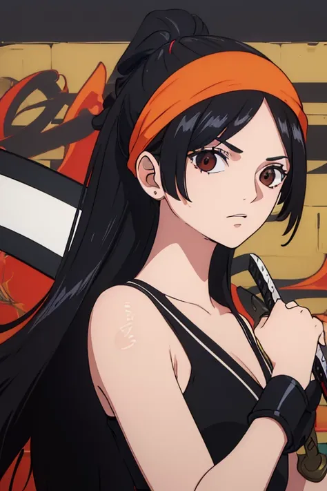 (best quality,4k,8k,highres,masterpiece:1.2), ultra-detailed, Animated, girl, mature face, long black hair, brown eyes, black hair, graffiti,, durag, cool girl, flat, determined, 2 knives swords on the back, fighter