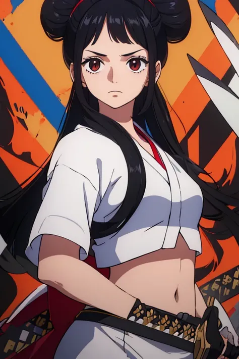 (best quality,4k,8k,highres,masterpiece:1.2), ultra-detailed, Animated, girl, mature face, long black hair, brown eyes, black hair, graffiti,, durag, cool girl, flat, determined, 2 knives swords on the back, fighter, 2 hair buns, samurai women clothes