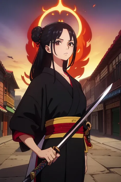 (best quality,4k,8k,highres,masterpiece:1.2), ultra-detailed, Animated, girl, mature face, long black hair, brown eyes, black hair, graffiti,, durag, cool girl, flat, determined, 2 knives swords on the back, fighter, 2 hair buns, samurai women clothes