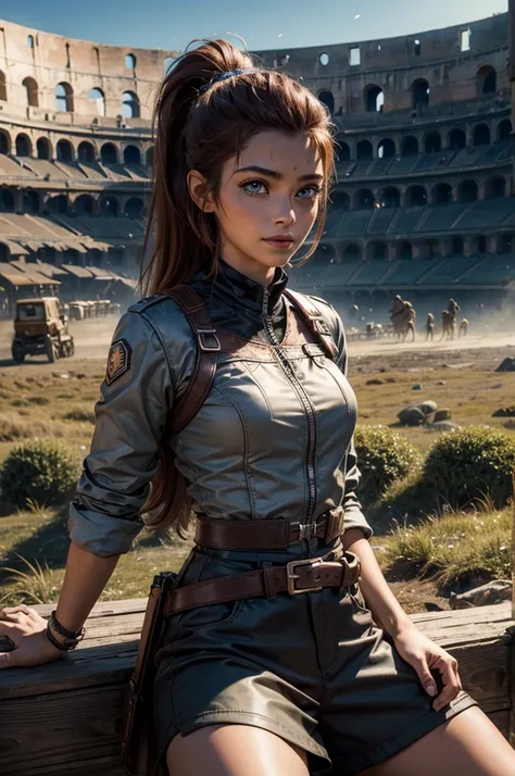 
iliaamitola, ilia amitola, smiling, long hair, blue eyes, brown hair, ponytail, dark skin, dark-skinned female, BREAK khaki mini dress belts, BREAK outdoors, sitting near river running next to colosseum, bonfires, wrecked vehicles, crowd, (crowd in milita...