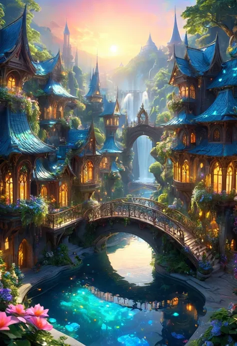 In The Heart Of An Enchanted Forest, A Colossal Tree Houses A Breathtaking Fairy Tale City. Delicate Crystal And Wood Homes, Connected By Vine-Like Bridges, Sparkle In Dappled Sunlight, While Waterfalls Cascade From High Branches Into Crystal-Clear Pools S...