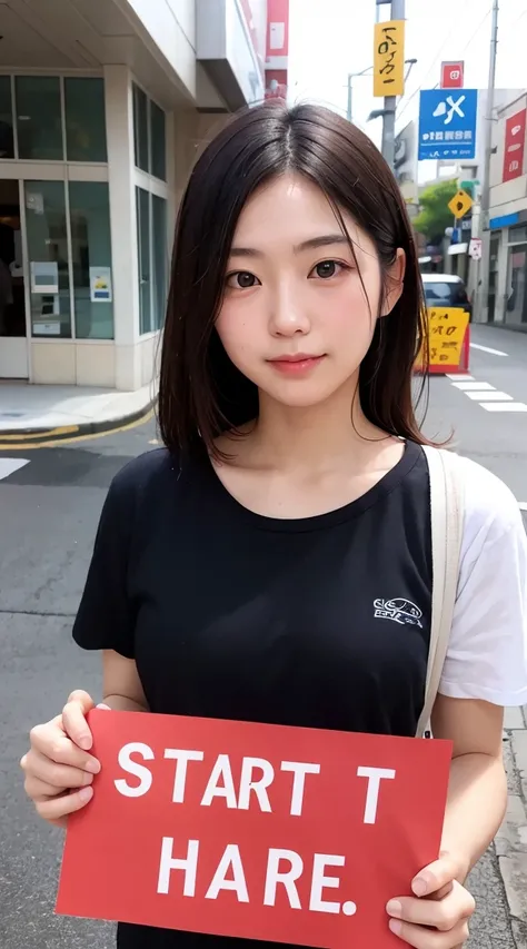 A Japanese person holding a placard that says &quot;Start here&quot;、Round Girl、Healthy Skin