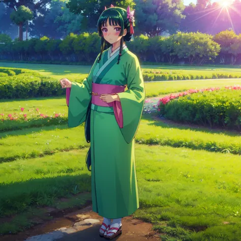 ((maomao　green kimono)))　((standing in the field　sunshine　blushing　dance))　(shining background　shining edge)