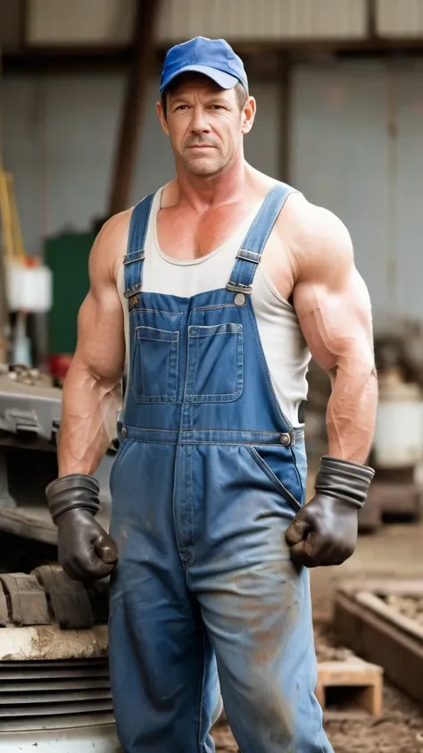 one  dirty sweaty mechanic, dirty, workgear, wearing overalls ,and caps and  boots, rubber boots, dielectric gloves, big biceps,...