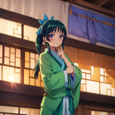 ((maomao　green kimono)))　((standing in the field　sunshine　blushing　dance))　(shining background　shining edge) high angle