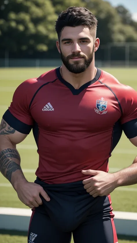 1 pale man rugby player ,Full body, rugby player, sport brighter pants, hard on bulge, rugby esportive uniform, Black hair fade , captivating alluring large eyes, beard European 30yo man smile, (High shadow detail), wearing Calvin Klein rugby brands unifor...