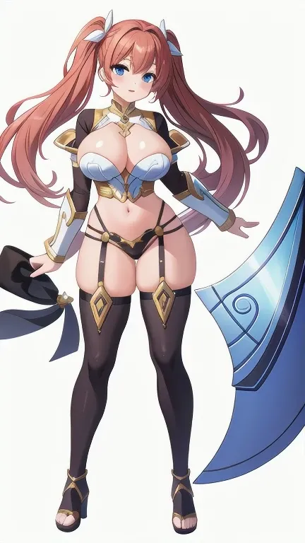 masterpiece, best quality, solo, milf, ((white background)), (((full body))), thong, slave fighter, big gauntlet, standing, thigh high,