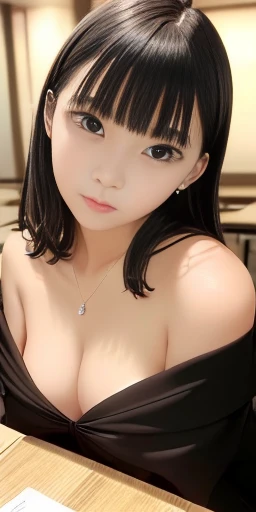 ((Beautiful Face))、Very delicate facial、Creamy、masterpiece、1 girl、１４talent、Small breasts、Small breasts、Small breasts、highest quality、Ultra-high resolution、(Realistic:1.4)、whole body、、Soft and shiny、Great scene lighting、(In the classroom)、((Black Off) -Shou...