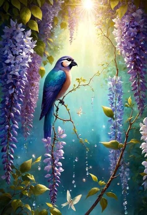 background is green-blue, everything is represented by jewels, spring arrival, various beautiful wisteria flowers, beautiful rainbow birds, beautiful birds
, angle looking up from below, various jewels falling from the sky, stunningly beautiful spectacular...