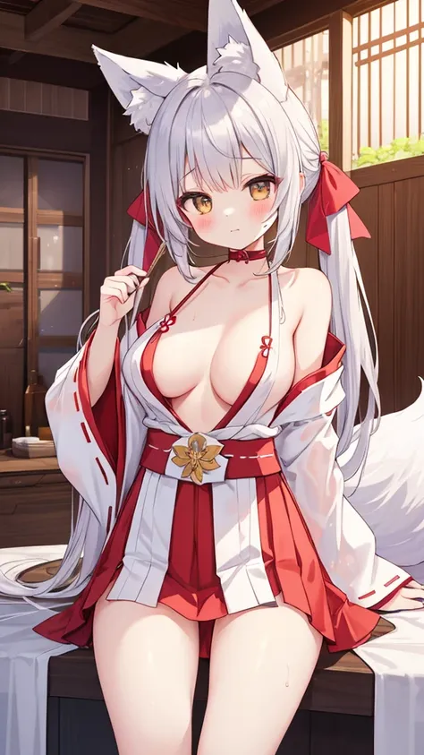 Miko costume、Clothes are disheveled and breasts are visible、No underwear、No bra、Skirt flipped up、close-ups、Wet pussy。Beautiful girl with twin tails、Silver Hair、Young Girl、Small breasts、Masterpiece、highest quality。Highest quality、Fox ears、Fox Tail、Nine-tail...