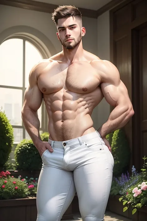 A young man, having long legs, thick thighs, large hips, thin and narrow weist, big large feminine breasts, wearing white jeans and formal t-shirt , very small spikey boyish haircut, big male reproductive organs, penis bulge,  beard, man, man, very wide hi...