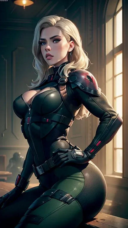 (masterpiece, top quality, best quality, official art, beautiful and aesthetic:1.2),(Scarlett Johansson),(Platinum Blonde Hair),(Detailed Ass),(Detailed eyes),(Green Eyes),(Detailed Nose),(Detailed Lips),(Detailed Thighs),(Detailed Feets)(Goth Makeup),(Gre...