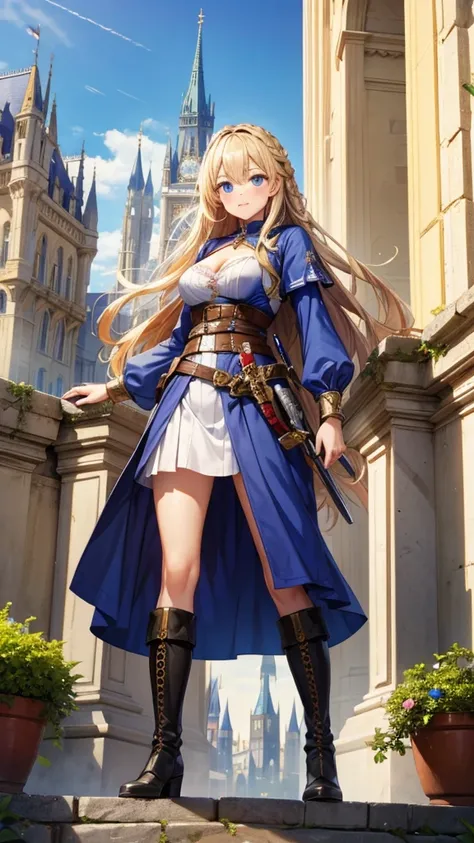 Long blond hair, Double braid, woman，dress, long skirt, cleavage，Hand guard，Bare Legs，boots，Standing，Great Sword，Medieval European castles