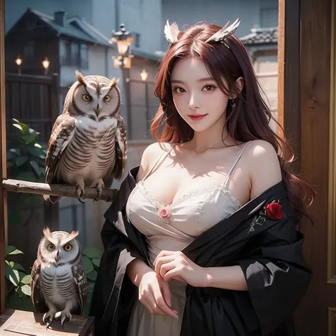 (Highest quality, masterpiece: 1,1), (busty  with owl, dark eyes, bright smile, rose hair, illustration), painting, detailed, 8K