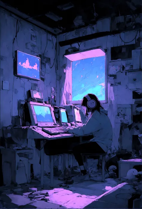  I am using my computer on the table in my room, Put on your headphones, There are several Windows 98 computers on the table.、창문을 통한 Night Light, Night Light, Neon scenery on a rainy day,Analog Color Theme, Lo-fi Hip Hop , Side view, Recall, flat, 2.5D ,Li...