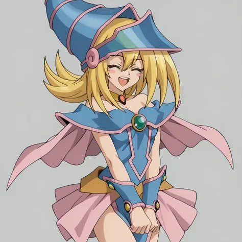 smile,open mouth,closed eyes,
solo,
DarkMagicianGirl,1girl,blonde hair,blush stickers,
wizard hat,
choker,
bare shoulders,cleavage,capelet,blue dress,see-through,
pink skirt,