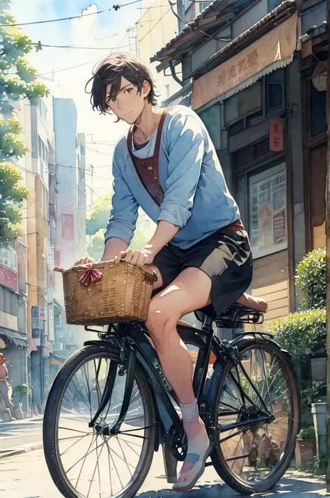 (masterpiece, highest quality:1.1),,(Flat Color),(A tall man with stubble),thirty yo,(riding a small bicycle),Bicycle with rattan basket, Street,tokyo,Side angle,(Watercolor:1.5),