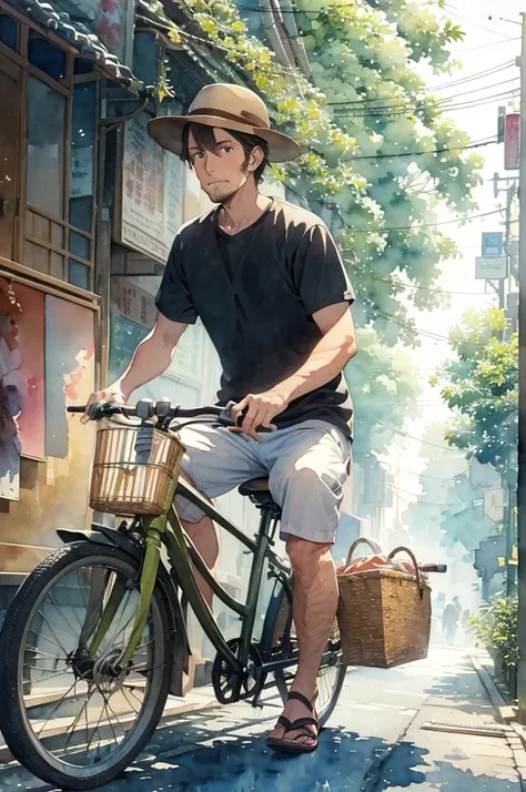 (masterpiece, highest quality:1.1),,(Flat Color),(A tall man with stubble),thirty yo,(riding a small bicycle),Bicycle with rattan basket,Sandals, Street,tokyo,Side angle,(Watercolor:1.5),