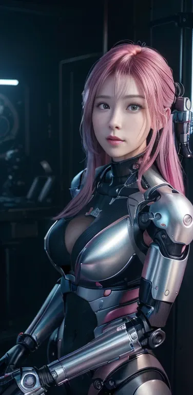 (Seductively Posing :1.3),(Pink Hair :1.3),masterpiece、((Black metallic sweater))、 ((Plug Suit)), ((beautiful girl:1.2))、I have no arms.、Mechanized body、Mechanized chest and abdomen、Mechanized back of the head、Body-fitting mecha leg rack metallic suit、 Are...