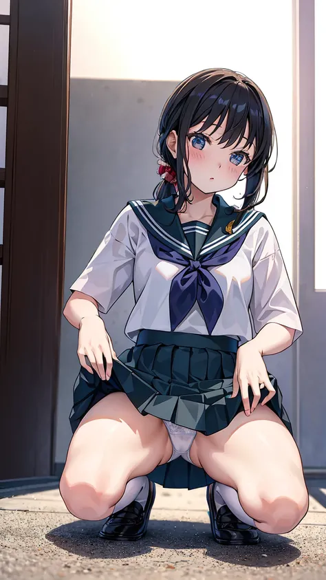 (Realistic, Photo Real:1.2), ((highest quality)), Shift the center of gravity backwards, Quite embarrassing, Cute Panties, (Showing panties:1.4),Tight Skirt, (Super Skirt:1.3), (Please lift your skirt:1.3), (squat:1.4), Put your heels on the ground, Spread...