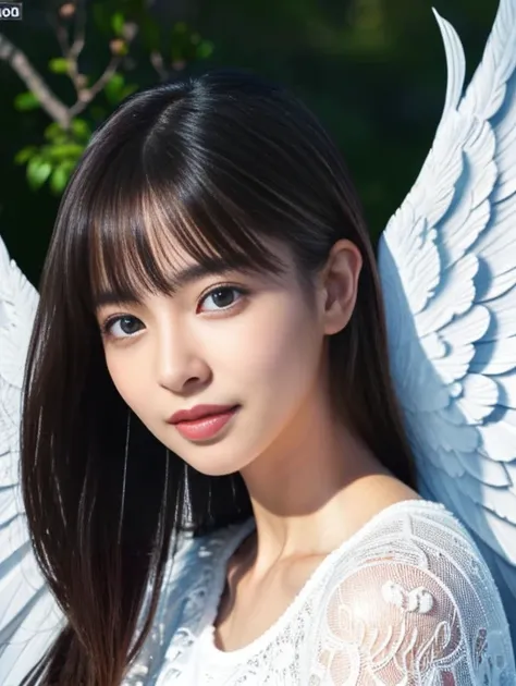 (A cute young Japanese Angel:1.75), (She has real Angel wings:1.5),(She descends from the sky onto a lake in the woods:1.0),(beautiful detailed eyes:2.0),beautiful detailed lips, (extremely detailed eyes and face:1.5), longeyelashes, slender woman body, be...