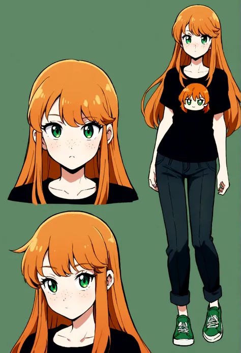 17 year old woman, very beautiful, character design, high quality, orange hair, freckles on the face, green eye color, beautiful eyes, beautiful face, full body, straight look, black t-shirt, dark jean green, t-shirt under pants, dark green sneakers, fine ...