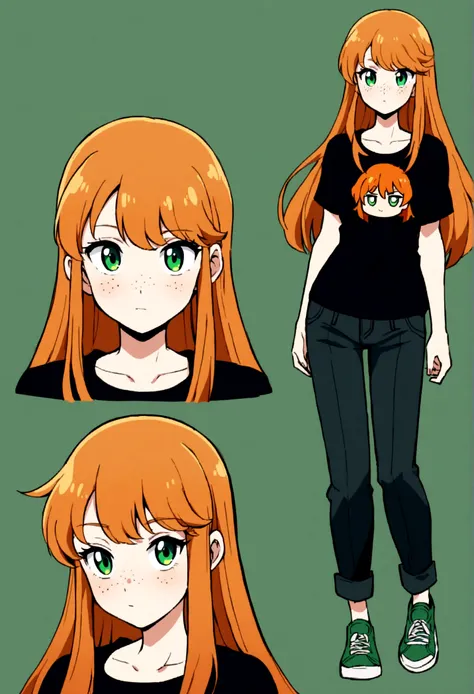 17 year old woman, very beautiful, character design, high quality, orange hair, freckles on the face, green eye color, beautiful eyes, beautiful face, full body, straight look, black t-shirt, dark jean green, t-shirt under pants, dark green sneakers, fine ...