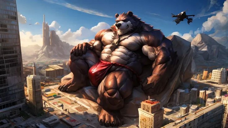 lindong, zoroj. drone view, a huge muscular bear (lying:1.2), (wearing white fundoshi):1.2, huge bulge, macro shot over a earth, (macro bigger than earth):1.2, earth, gigantic, hyper detailed, photorealistic , cinematic lighting, 8k, hyper detailed, macro,...