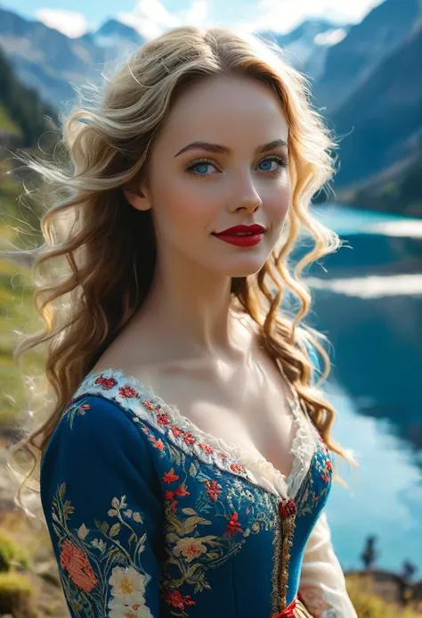 Blonde Woman, Messy Hair, Pale Skin, Red Lipstick, Overlooking Mountain Valley, Alpine Lake. Dress Wth Woodcut Patterns, A Black Knee-Length Pleated Skirt With Blue Embroidery, Norwegian Sweater With Rosemaled Designs. A Wide Smile, Eyes Are Detailed & Wid...