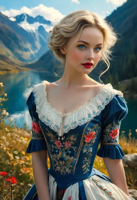 Blonde Woman, Messy Hair, Pale Skin, Red Lipstick, Overlooking Mountain Valley, Alpine Lake. Dress Wth Woodcut Patterns, A Black Knee-Length Pleated Skirt With Blue Embroidery, Norwegian Sweater With Rosemaled Designs. A Wide Smile, Eyes Are Detailed & Wid...