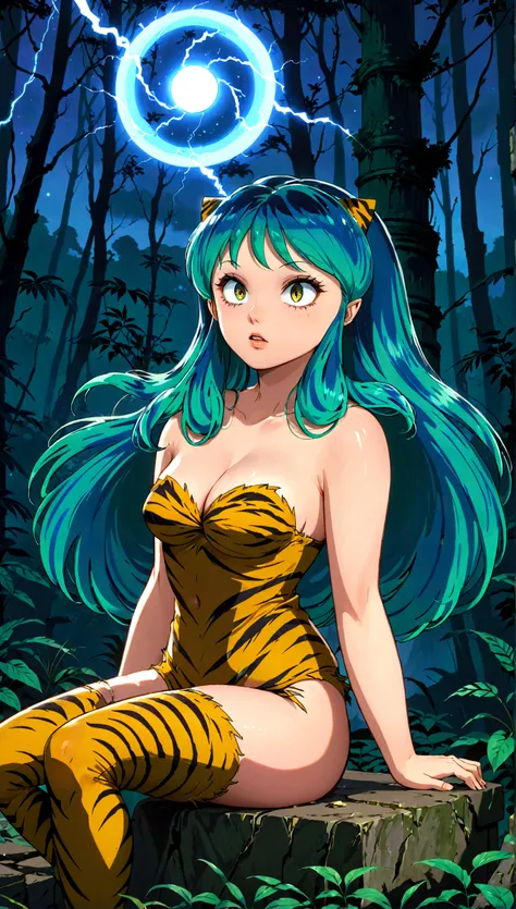 (score_9, score_8_up, score_7_up), lum, solo, long hair, breasts, dark blue eyes, eyeshadow, dark green hair, bangs, tiny tiger-stripped horns, aqua hair, tsundere, 4k, 8k, intricately detailed, source_anime, forest, abandoned ruins in the forest, sitting,...