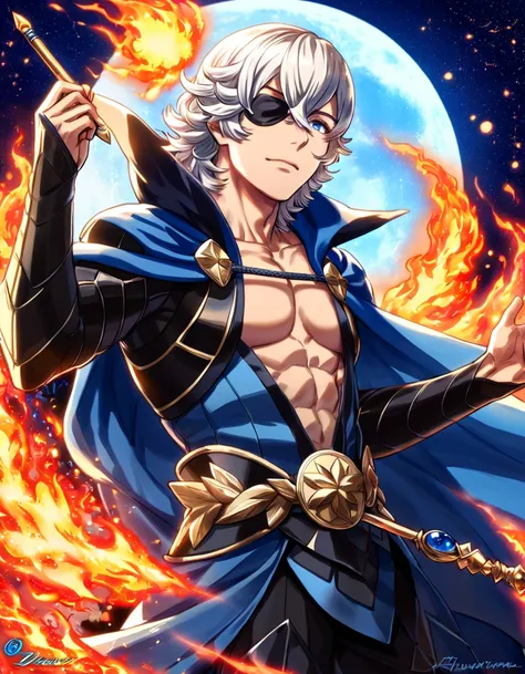 absurdres, highres, ultra detailed, HDR, master piece, best quality, Niles, white hair, expressive dark blue eyes, left black eye patch, fire emblem fates, solo, sexy man, handsome, toned chest, blue cape, black adventurer clothes, blue moon, starry, blue ...