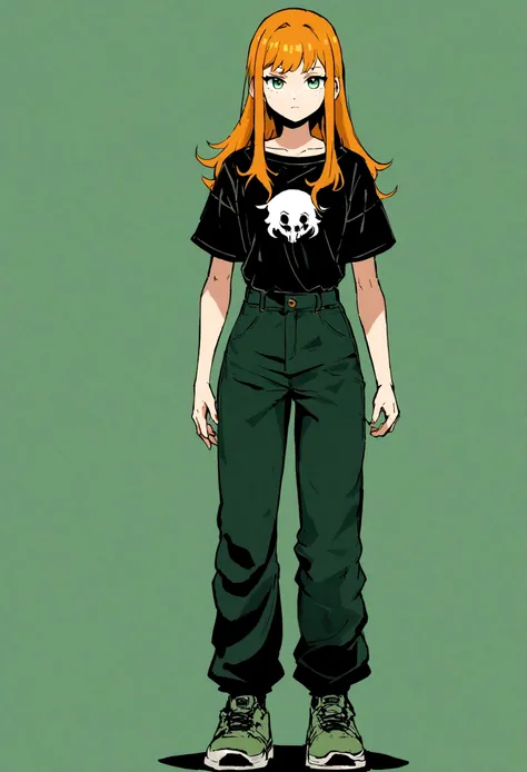 17 year old woman, very beautiful, character design, high quality, orange hair, freckles on the face, green eye color, beautiful eyes, beautiful face, full body, straight look, black t-shirt, dark jean green, t-shirt under pants, dark green sneakers, fine ...