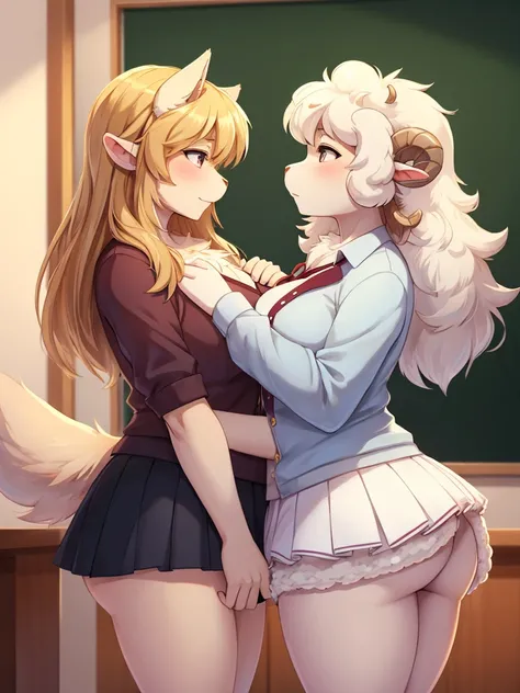 Hallucination, daydream , Fear , Fantastic , bokeh , hairy fur , tight fit skirt , white blouse , (mature wolf woman teacher) and (Fluffy Sheep boy student:1.3) , blondy , (flat chest) , Seducer , Show secretly , school , Base of the tail , see-through , M...