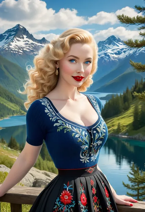 Women with blonde perm, Pale Skin, Red Lipstick, Overlooking Mountain Valley, Alpine Lake. Dress Wth Woodcut Patterns, A Black Knee-Length Pleated Skirt With Blue Embroidery, Norwegian Sweater With Rosemaled Designs. A Wide Smile, Eyes Are Detailed & Wide,...