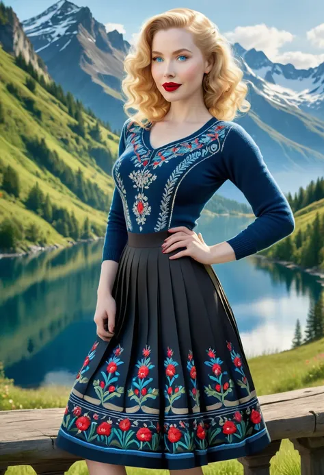 Women with blonde perm, Pale Skin, Red Lipstick, Overlooking Mountain Valley, Alpine Lake. Dress Wth Woodcut Patterns, A Black Knee-Length Pleated Skirt With Blue Embroidery, Norwegian Sweater With Rosemaled Designs. A Wide Smile, Eyes Are Detailed & Wide,...