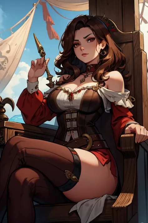 a brown haired woman with red eyes with an hourglass figure in a pirate's outfit is sitting back in a captain's throne on a pira...