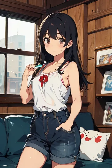 (masterpiece、highest quality、highest quality、Official Art)、(1 girl:1.2)living room、in front of the sofa、After a bath、Cross-legged、Popsicles、camisole、hot pants、Young