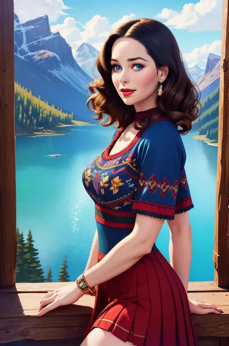 Women with blonde perm, Pale Skin, Red Lipstick, Overlooking Mountain Valley, Alpine Lake. Dress Wth Woodcut Patterns, A Black Knee-Length Pleated Skirt With Blue Embroidery, Norwegian Sweater With Rosemaled Designs. A Wide Smile, Eyes Are Detailed & Wide,...