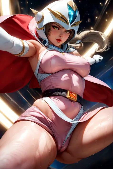 ANI_CLASSIC_jun_gatchaman_ownwaifu,1girl, 18yo,good anatomy, masterpiece, best quality,realistic, hyperrealistic, 16k hdr,
long hair,breasts,green eyes,lips,large breasts,lipstick,makeup,gloves,cape,helmet,belt,elbow gloves,white gloves,mask,ultra miniskir...