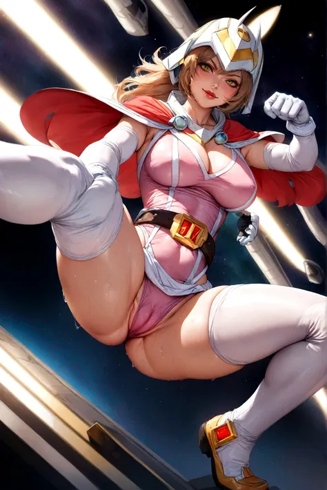 ANI_CLASSIC_jun_gatchaman_ownwaifu,1girl, 18yo,good anatomy, masterpiece, best quality,realistic, hyperrealistic, 16k hdr,
long hair,breasts,green eyes,lips,large breasts,lipstick,makeup,gloves,cape,helmet,belt,elbow gloves,white gloves,mask,ultra miniskir...