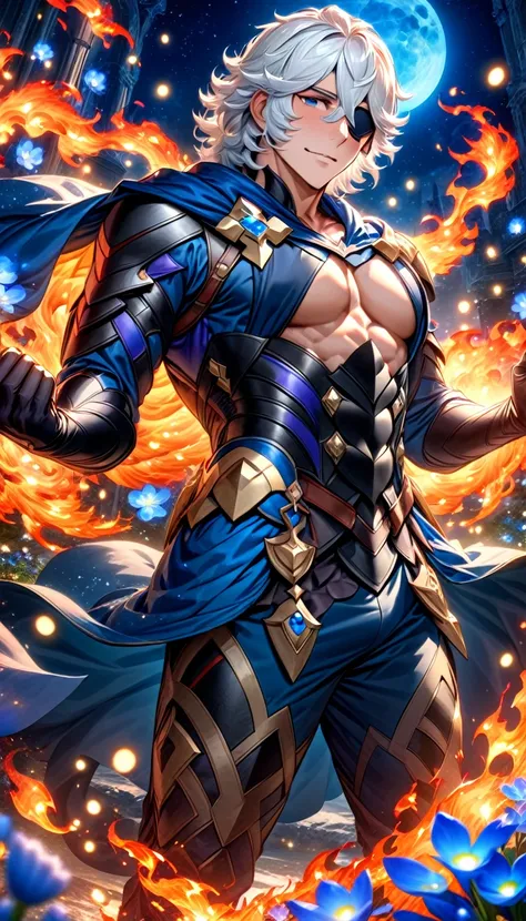 absurdres, highres, ultra detailed, HDR, master piece, best quality, Niles, white hair, expressive dark blue eyes, left black eye patch, fire emblem fates, solo, sexy man, handsome, toned chest, blue cape, black adventurer clothes, blue moon, starry, blue ...