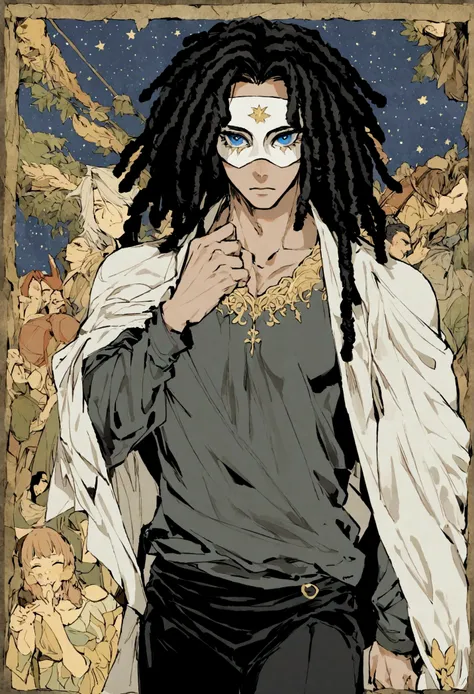 A man with collected brown dreadlocks, con una mascara cubriendo toda la cara excepto parte de la boca, The white mask with details of very small blue stars in the eye area, este hombre es alto, con una musculatura normal, esta vestido con una camisa ajust...