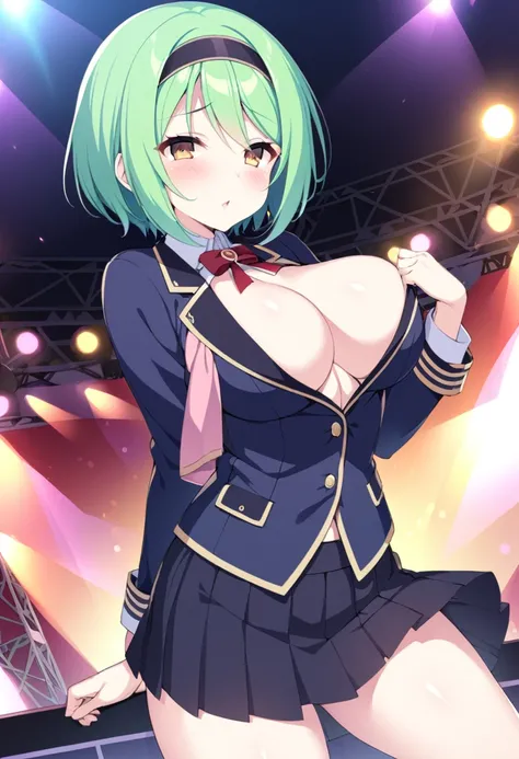 onoderachizuru, green hair, hairband, short hair, yellow eyes, brown eyes,, large breasts,, Live Stage, solo nsfw, Blazer uniform