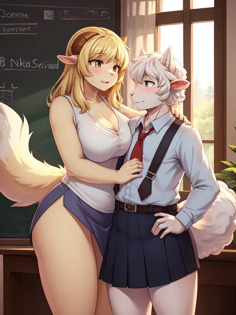 Hallucination, daydream , Fear , Fantastic , bokeh , hairy fur , tight fit skirt , white blouse , (mature wolf woman teacher) and (Fluffy Sheep boy student:1.3) , blondy , (flat chest) , Seducer , Show secretly , school , Base of the tail , see-through , M...