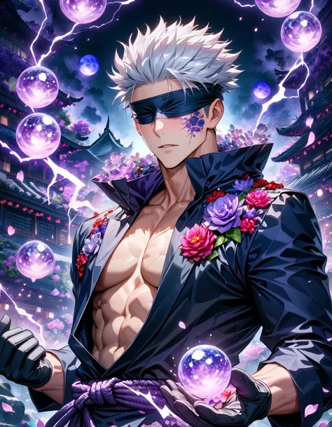 Ultra detailed, highres, absurdres, HDR, master piece, Gojo Satoru, white hair, blindfolded eyes, Jujutsu Kaisen, fantasy, petals, purple flowers, toned chest, black gloves, handsome, sexy man, solo, black clothes, magic, purple fireflies, purple moon, bes...